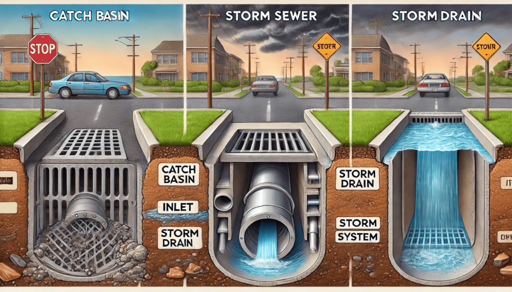 Illustration depicting the differences between a catch basin, an inlet, and a storm drain.