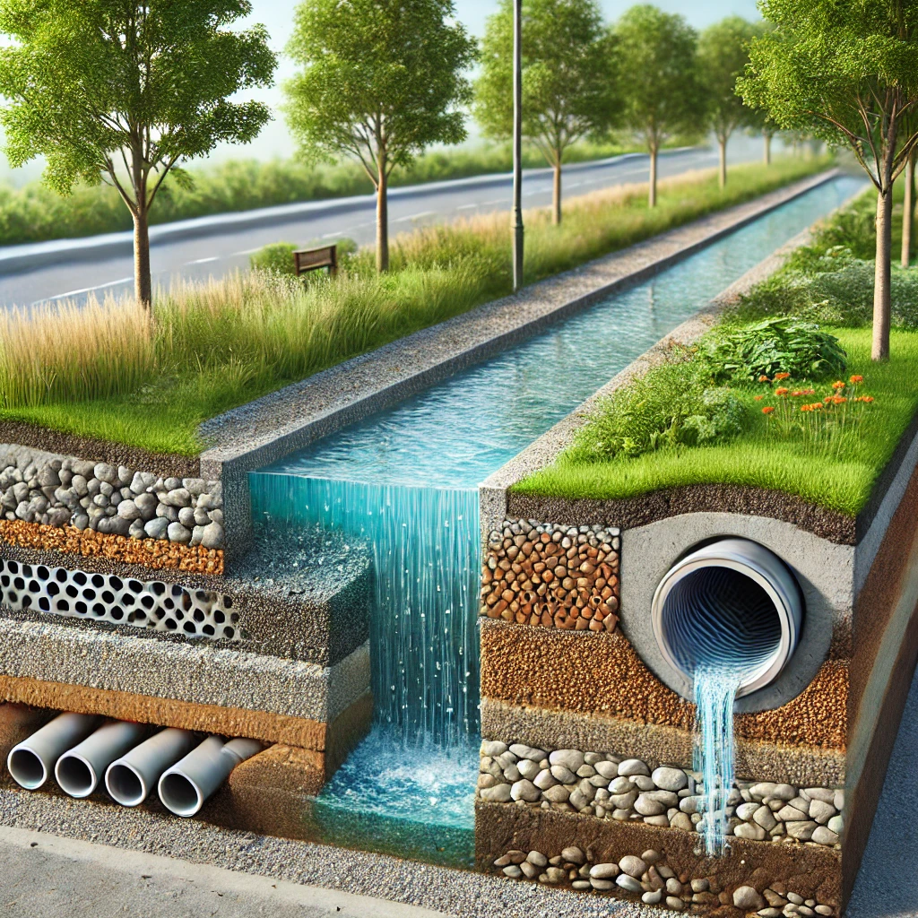 Stormwater infiltration system in a cross-sectional view. The image shows underground gravel beds, perforated pipes.