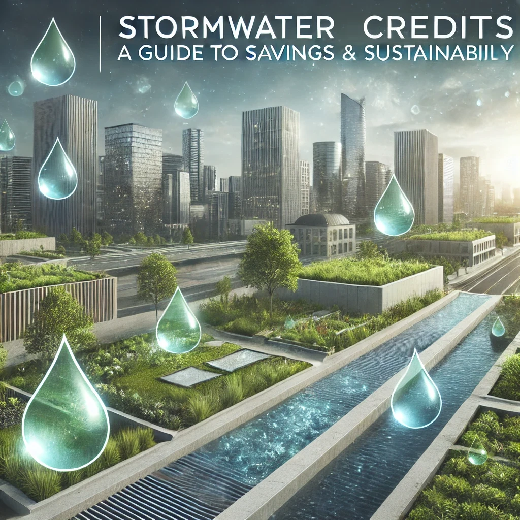 Text banner that reads: Stormwater Credits: A Guide to Savings & Sustainability